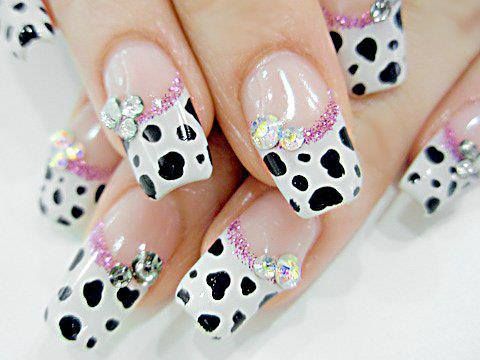 Pink Jewel Decorated Black and Blue Nails