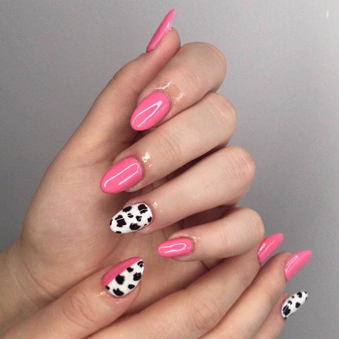 Pink Nail Paint with Cow Nail Art