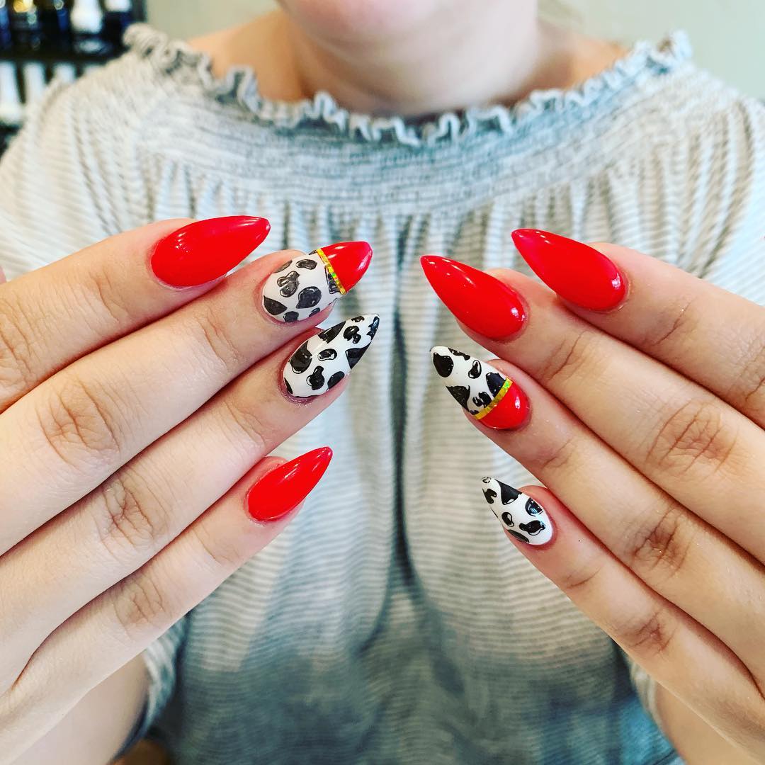 Red Stiletto Nail Design with Cow Design