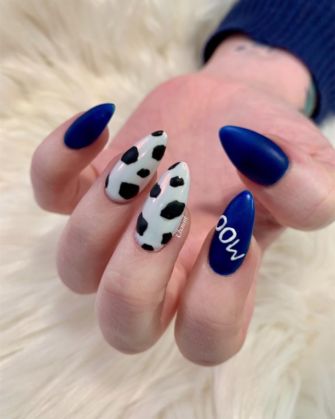 Royal Blue Nail Color with Exceptional Cow Design