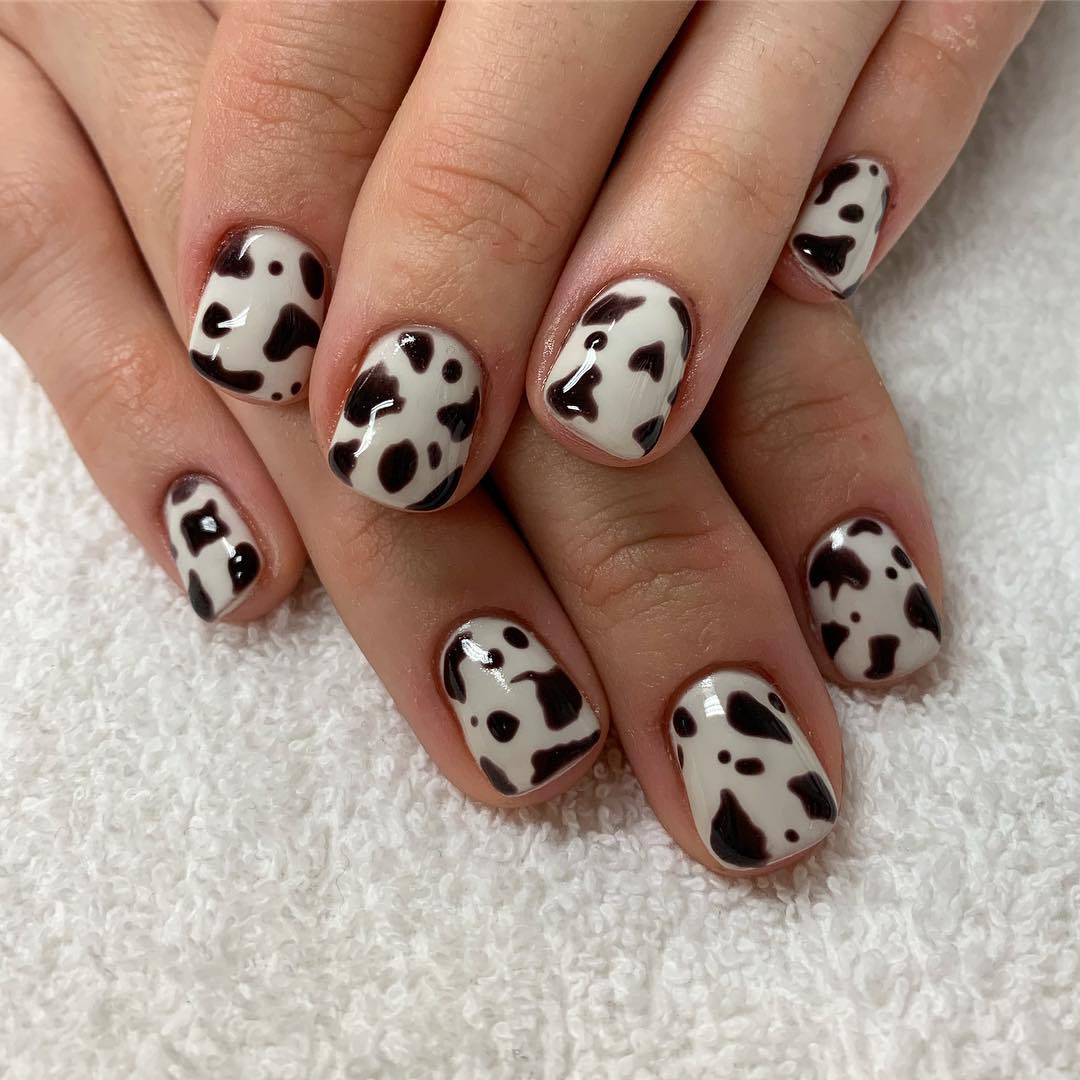 Short Nails Art Design Idea with Cow Design