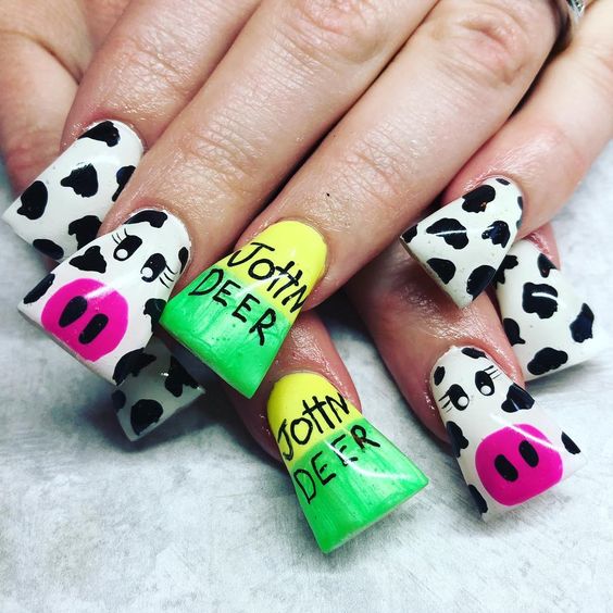 Square Nail Art Design with Cow Design