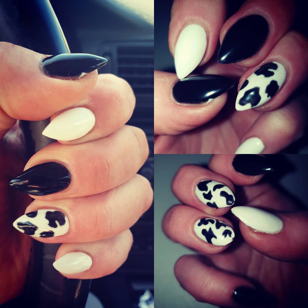 Stiletto Nail Art Design with White and Black Nail Art