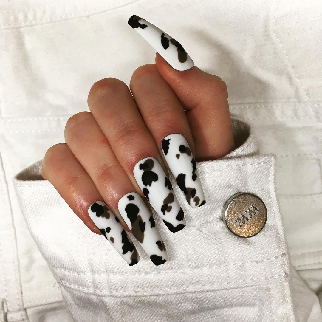 White and Black Nail Art Design for Long Nails
