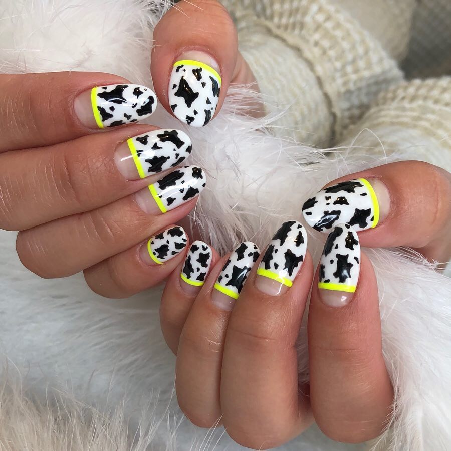 Yellow Partition Line with Cow Design Nail Art
