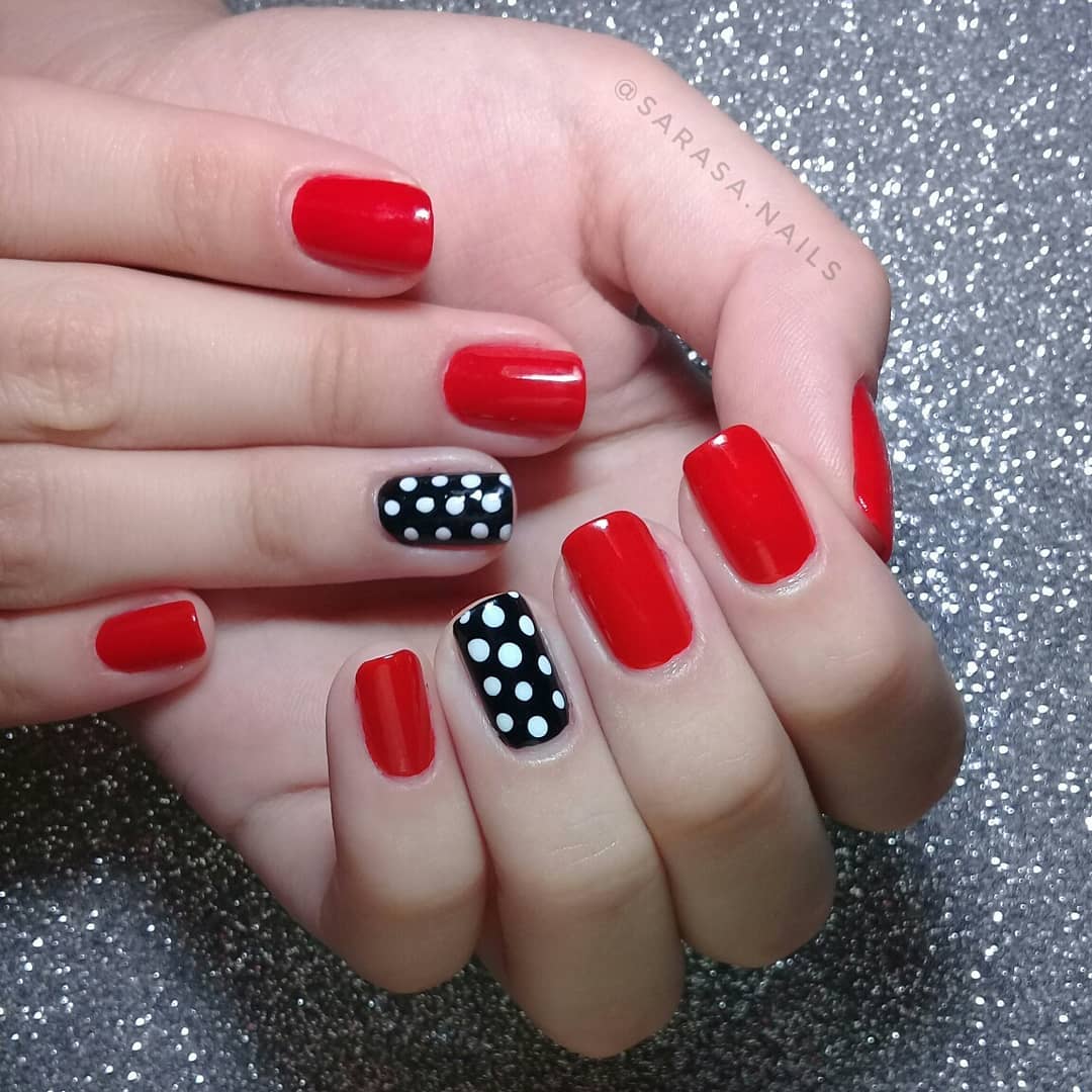 Cute Red Nails with White Polka Dotted Design Exceptional Black Nail