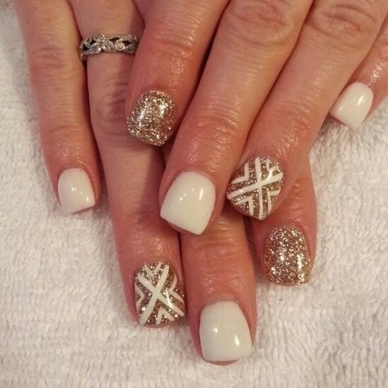 Golden Shimmery Nails with White Creative Nail Art