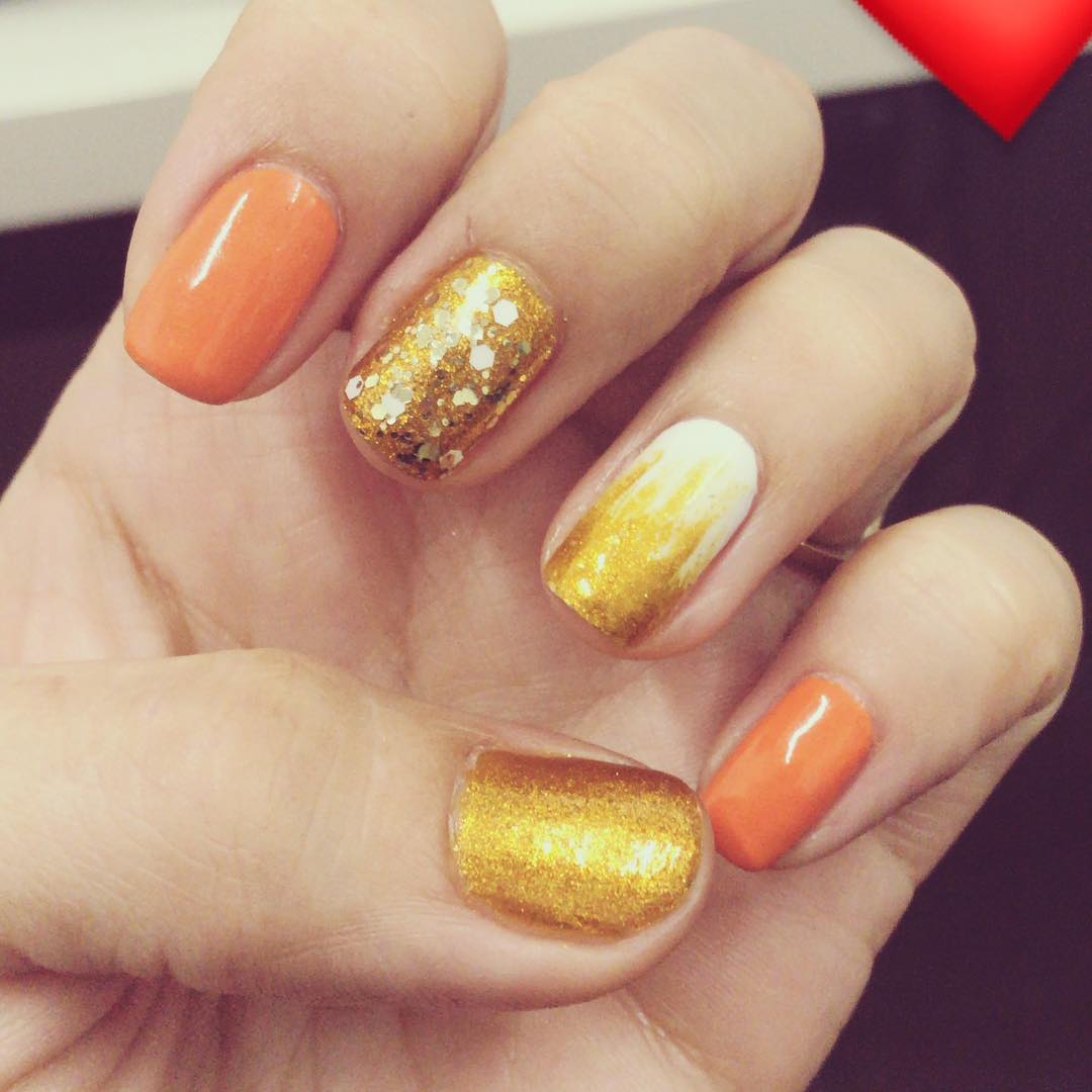 Orange and Golden Medium Length Nail Art