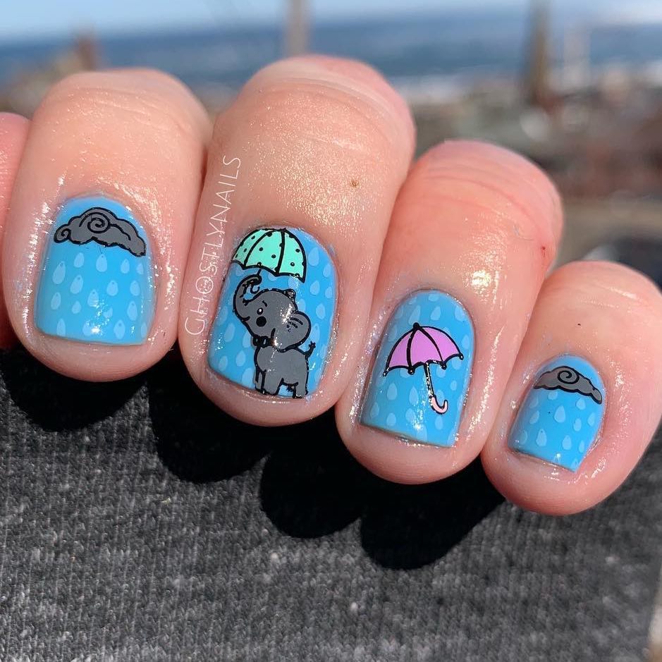 Playing Elephant Design Nail Art for Short Squared Nails