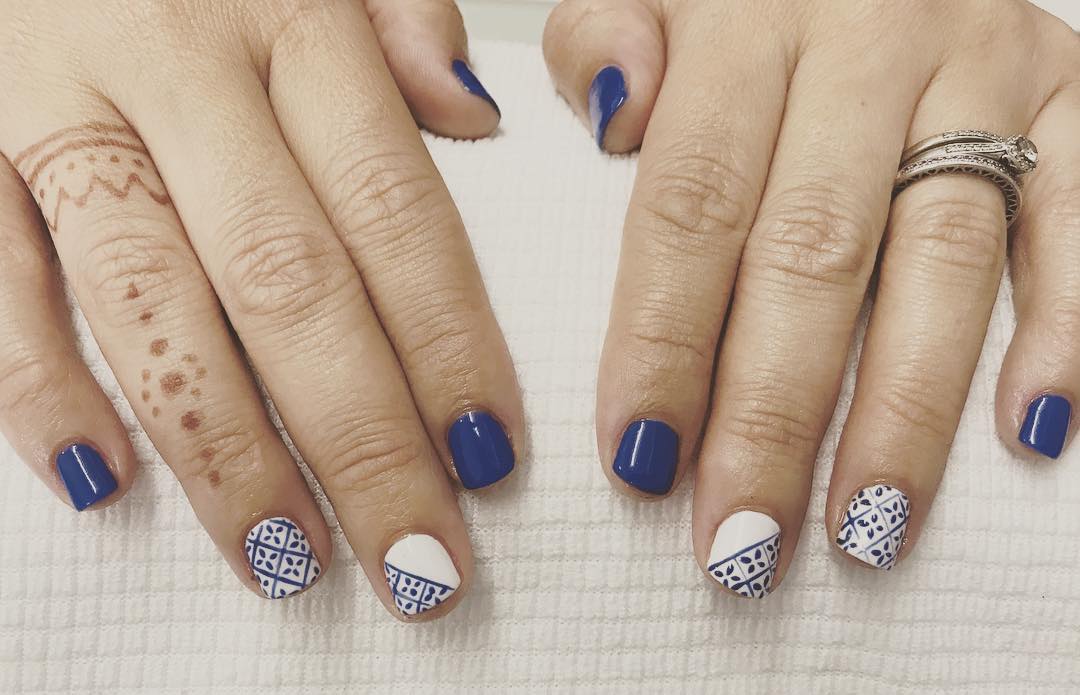 Royal Blue Short Nails with Floral Design Nail Art