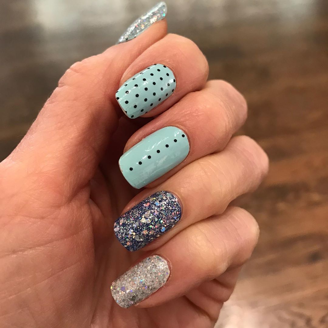 Attractive Black and Blue Shimmery and Dotted Design Nail Art for Squared Nails