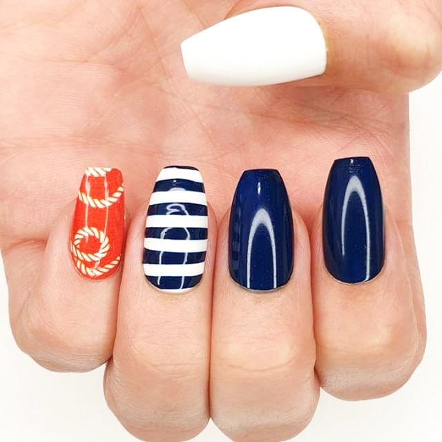 Creative Simple DIY Blue and White Striped Nail Art for Long Nails
