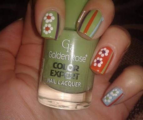 Green and Red Nails with Floral Design for Summers