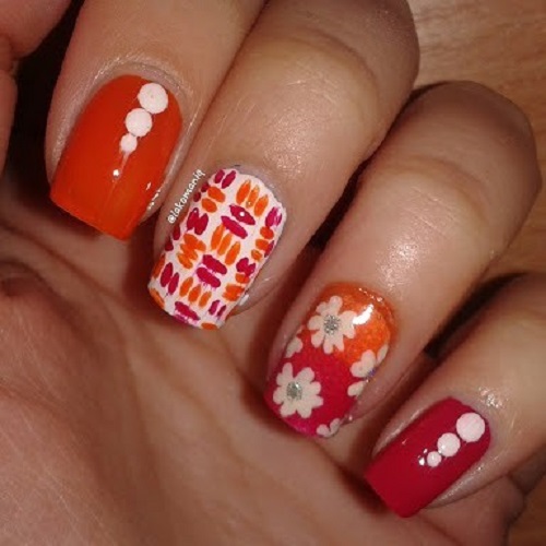 Orange and Red Different Design Perfect Nail Art for Long Square Nails