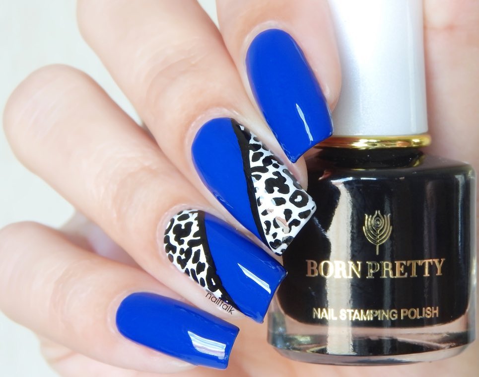 Royal Blue Long Squared Nails with Black and White Polka Dotted Design Nail Art