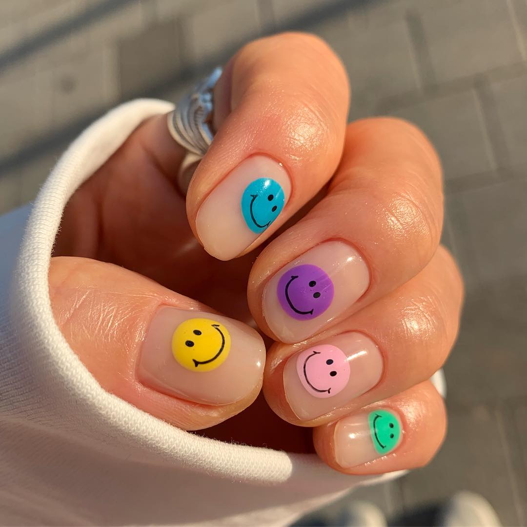 Smiley Design Colorful Nail Art for Neutral Nails