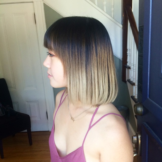 medium length ombre bob hairstyle with blunt bangs