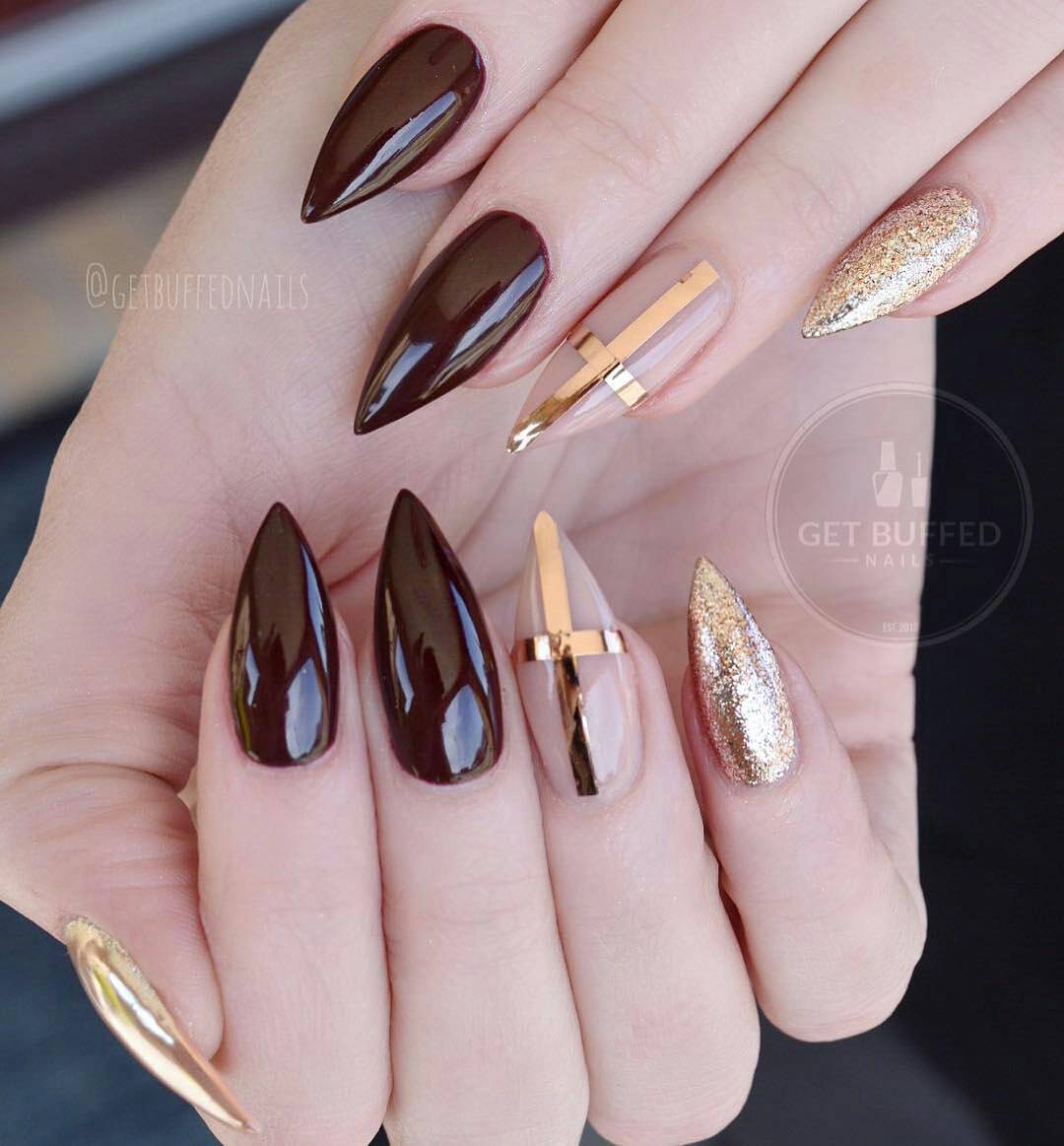 Black and Golden Nail Color for Stiletto Nails