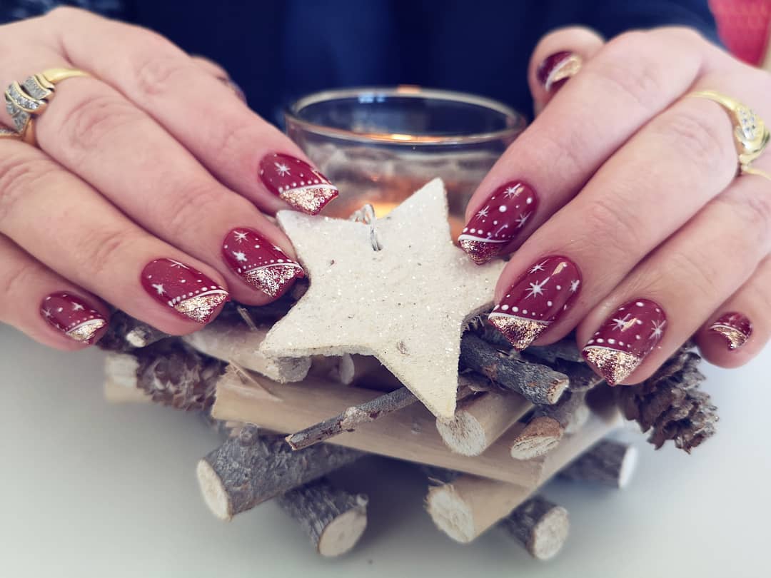 Dark Red Long Nails with Golden Tips