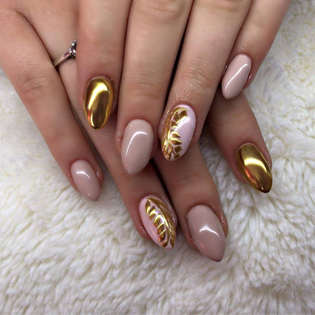 Fabulous Pink Nails with Golden Leaves Design Nail Art