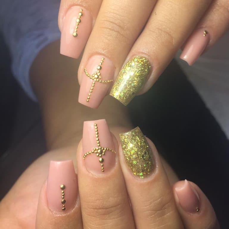 Pink Square Nails with Golden Beads