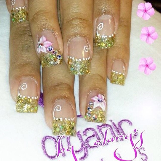 Shimmery Golden Tips with Floral Design