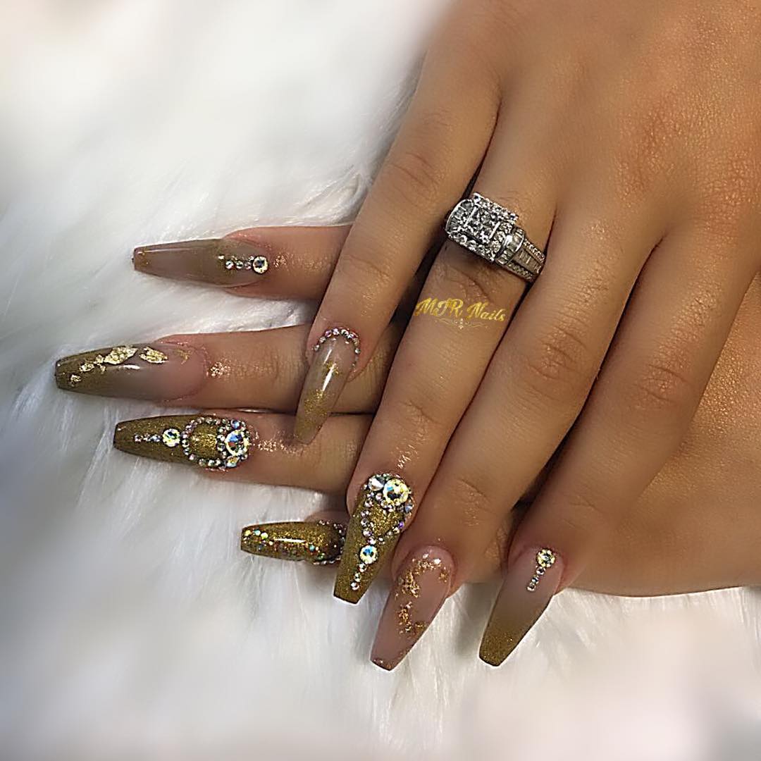 Super Amazing Golden Shimmery Long Square Nails