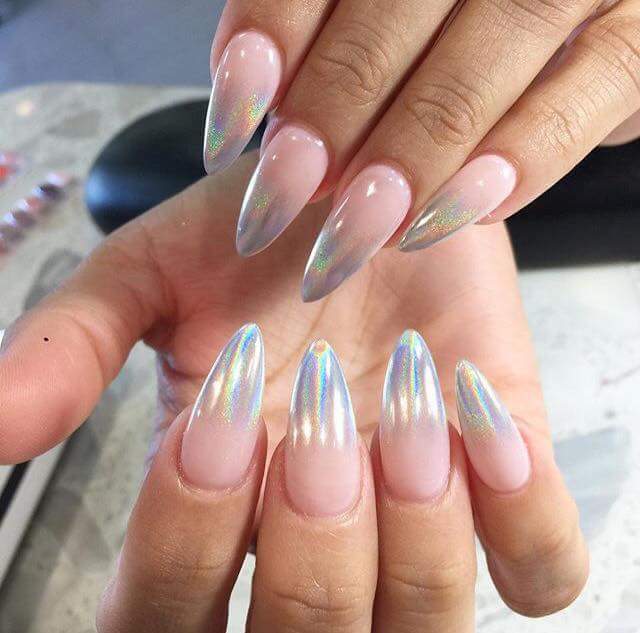 Disco Lights New Year Holiday Manicure On Nude Stiletto Nails