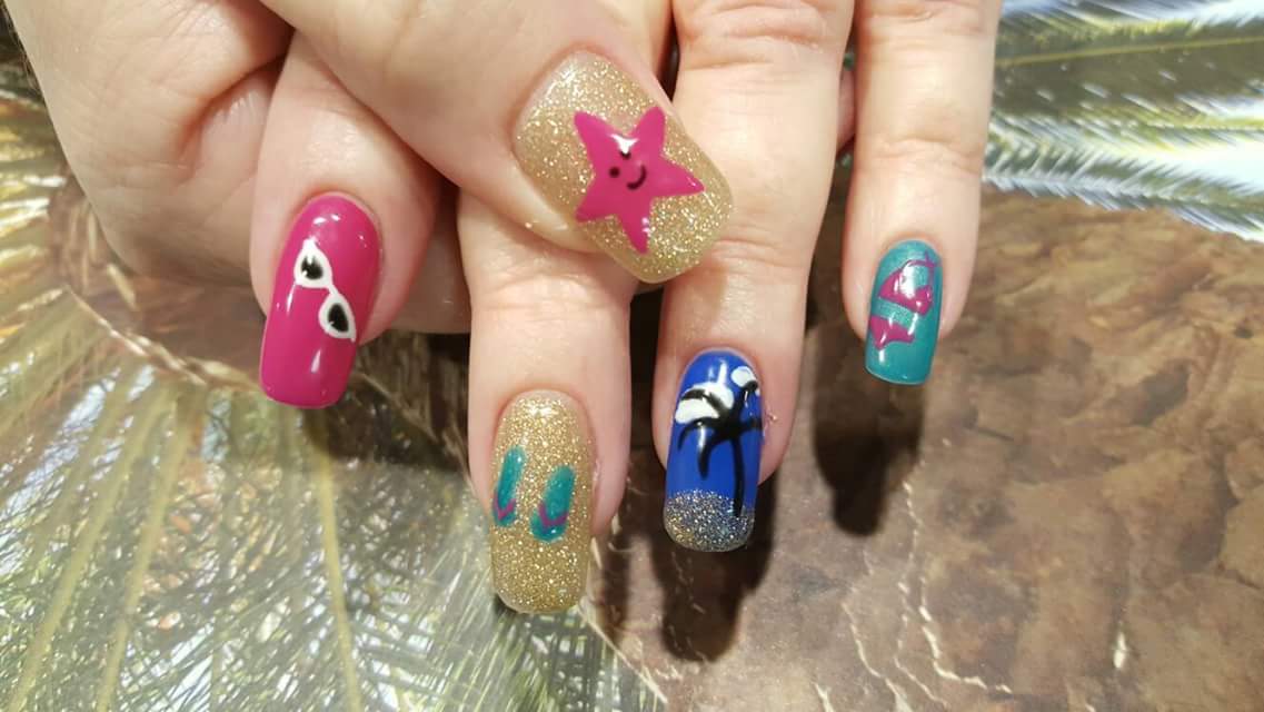 Funky Golden Glitter On Pink Blue Green Polish Beach Theme Summer Holiday Nails For Long Oval Nails