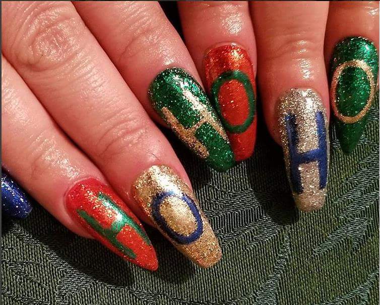 Glittering Red, Green, Gold, Silver, Blue Santa Says Ho, Ho Christmas Holiday Stiletto Nail