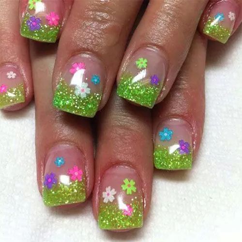 Green Glitter Flower Garden On Negative Space Easter Holiday Short Square Spring Nail Art