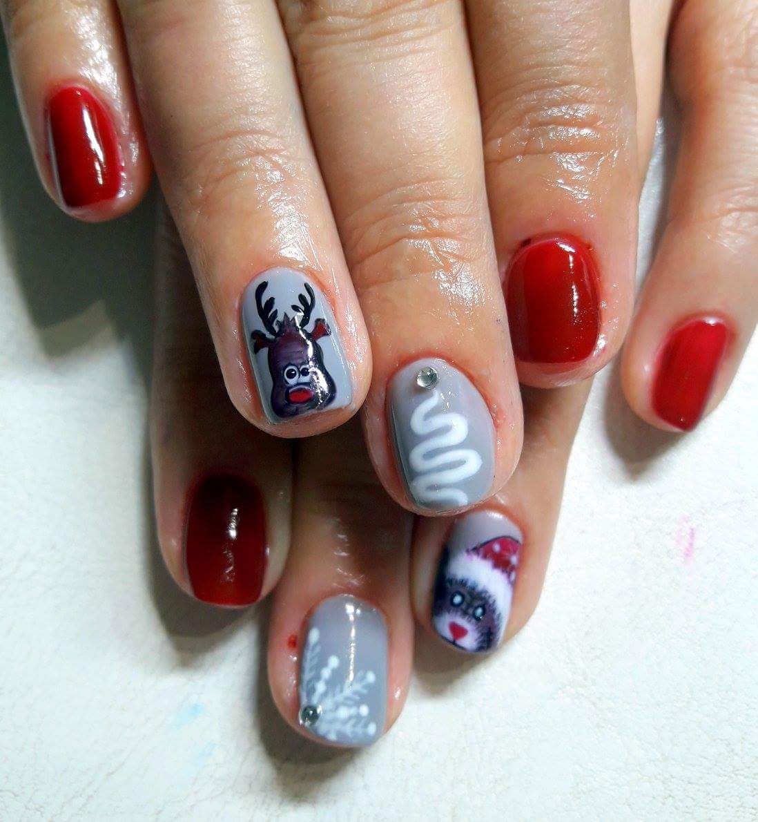 Grey and Red Rudolf and Snowflakes Christmas Holiday Short Nails