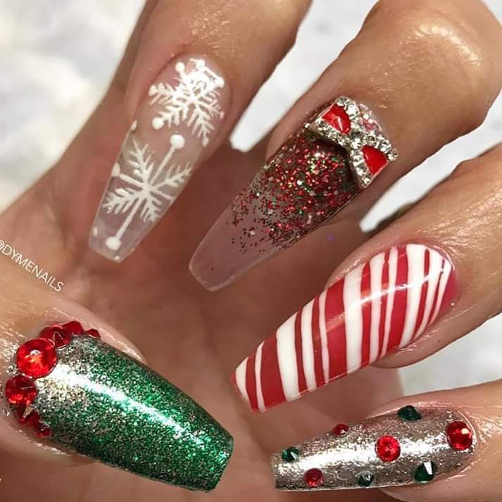 Intricate Winter Holiday Nail Art With Snowflakes Glitter, Bow Crystals On Green, Nude, Red, White Long Square Shape