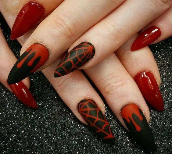 Red and Black Spider Web Design Nails for Halloween Holidays