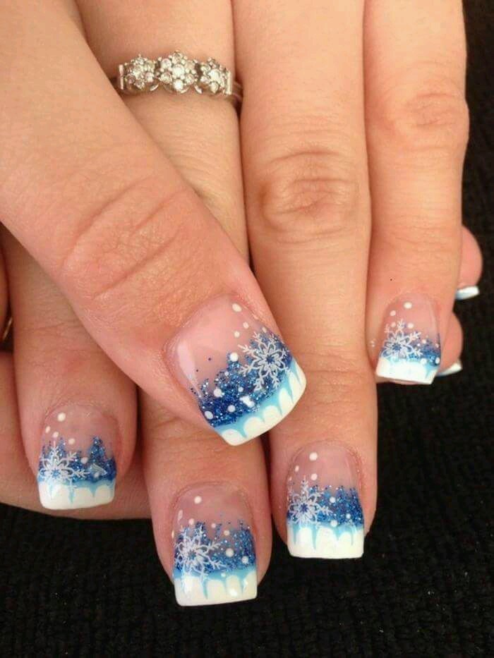 Smiling Snowflakes Winter Holiday Nail Art In Nude, Blue, White Square Nails