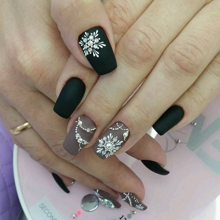 Swarovski Snowflake Matt Black and Nude Square Holiday Nails