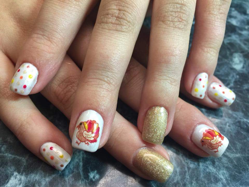 Trendy Turkey on White and Gold Glitter Polish Thanksgiving Holiday Nail Art