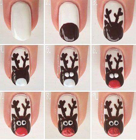 Tutorial on Cute Reindeer Christmas Holiday White and Brown Short Oval Nails