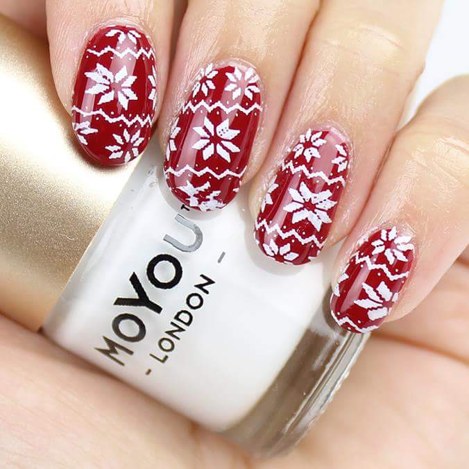 White Zig Zag and Snowflake Design on Marron Oval Christmas Holiday Nails