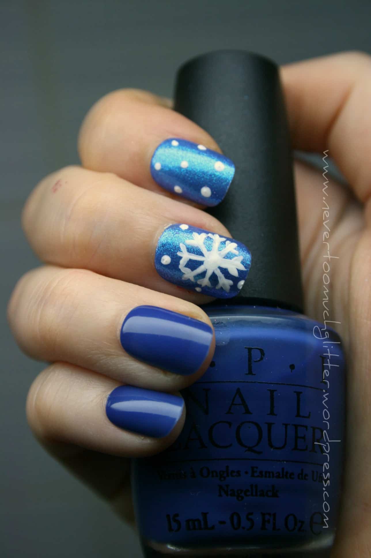 Deep blue with white dots and snowflakes
