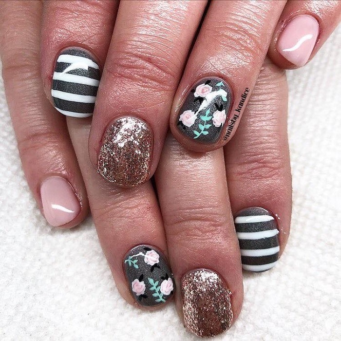 Gorgeous Floral Nail Art to Get You Hyped for Spring flowers stripes glitter