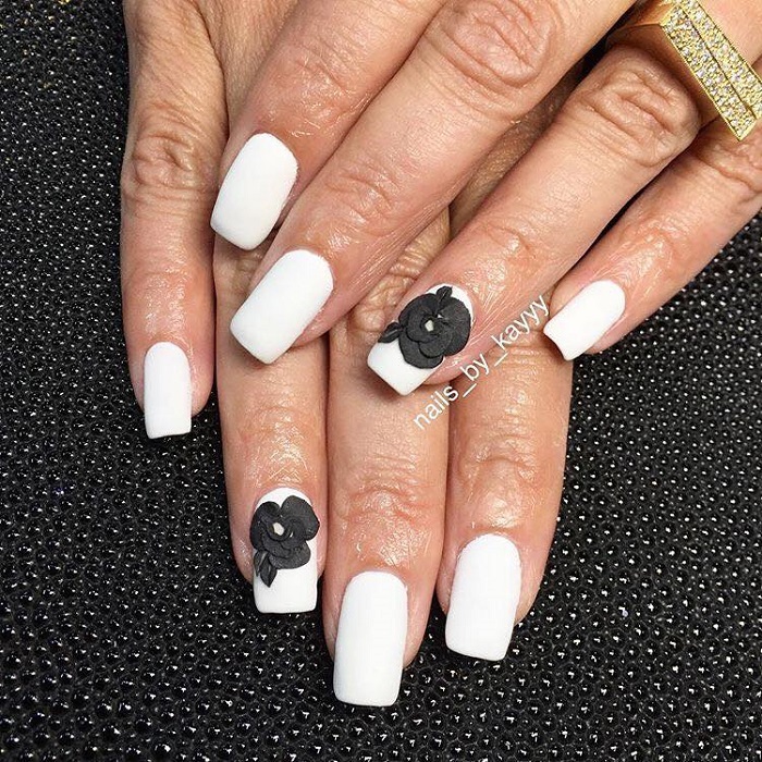 Gorgeous Floral Nail Art to Get You Hyped for Spring white nails black flowers