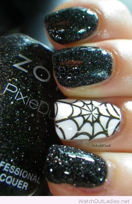 Sparkle black and white halloween nails