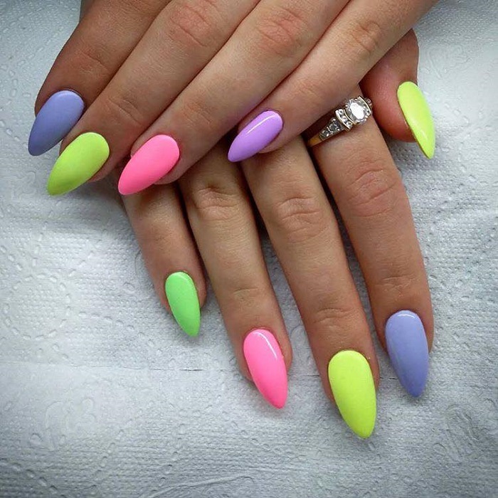 Neon-Nail-Designs-To-Finish-Off-Summer-With-Style yellow green purple pink neon