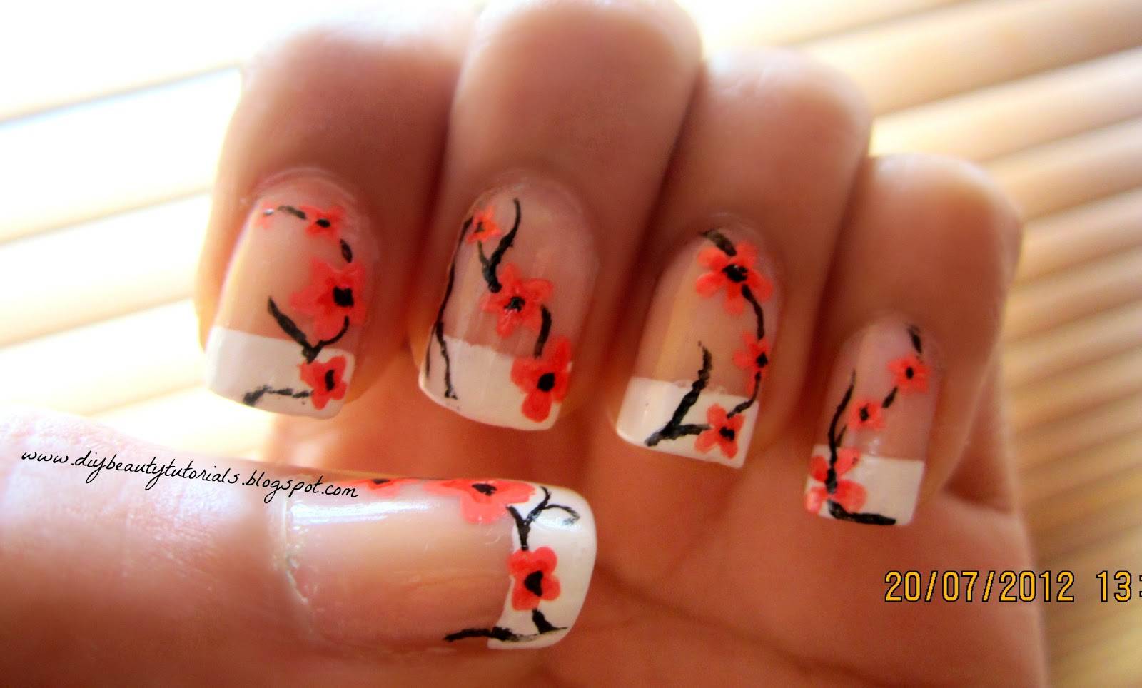 Orange cherry blossom nails