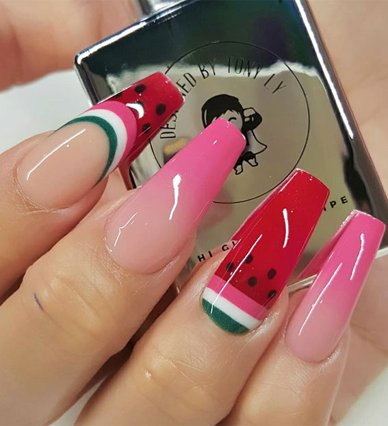 watermelon nail art, watermelon nail designs, watermelon nail polish, easy watermelon nails, summer nail art, watermelon color nails