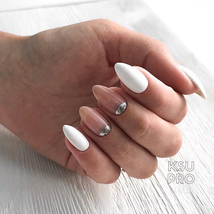 Wedding-Nail-Art-For-The-Sophisticated-Bride-white nude silver glitter